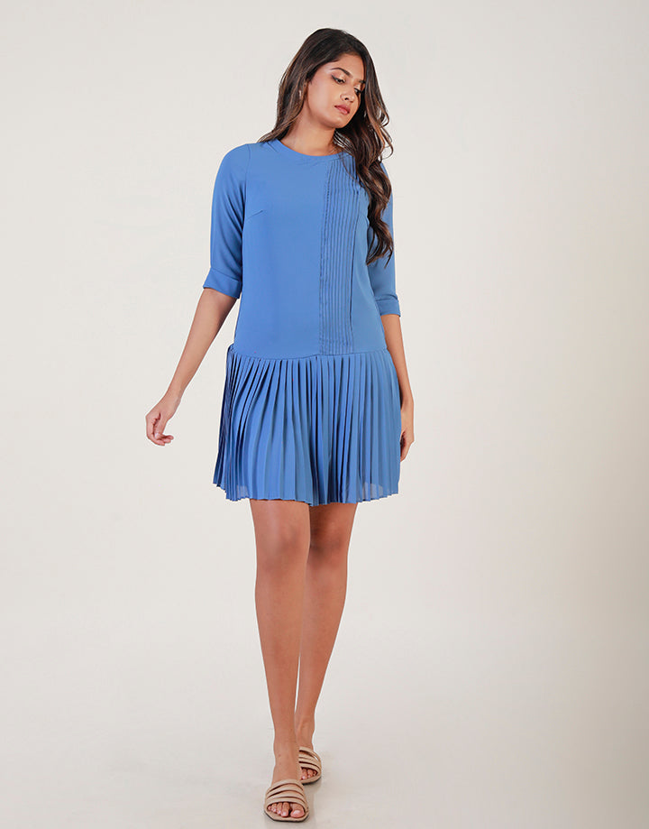 Pleated Drop Waist Dress with ¾ Sleeves