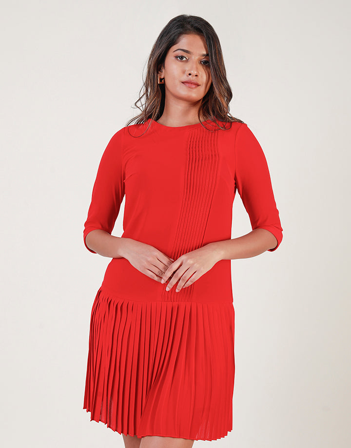 Pleated Drop Waist Dress with ¾ Sleeves