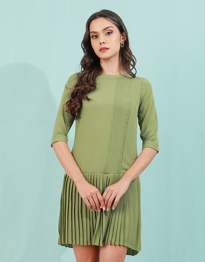 Pleated Drop Waist Dress with ¾ Sleeves