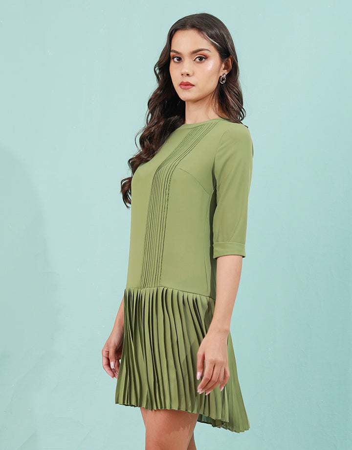 Pleated Drop Waist Dress with ¾ Sleeves