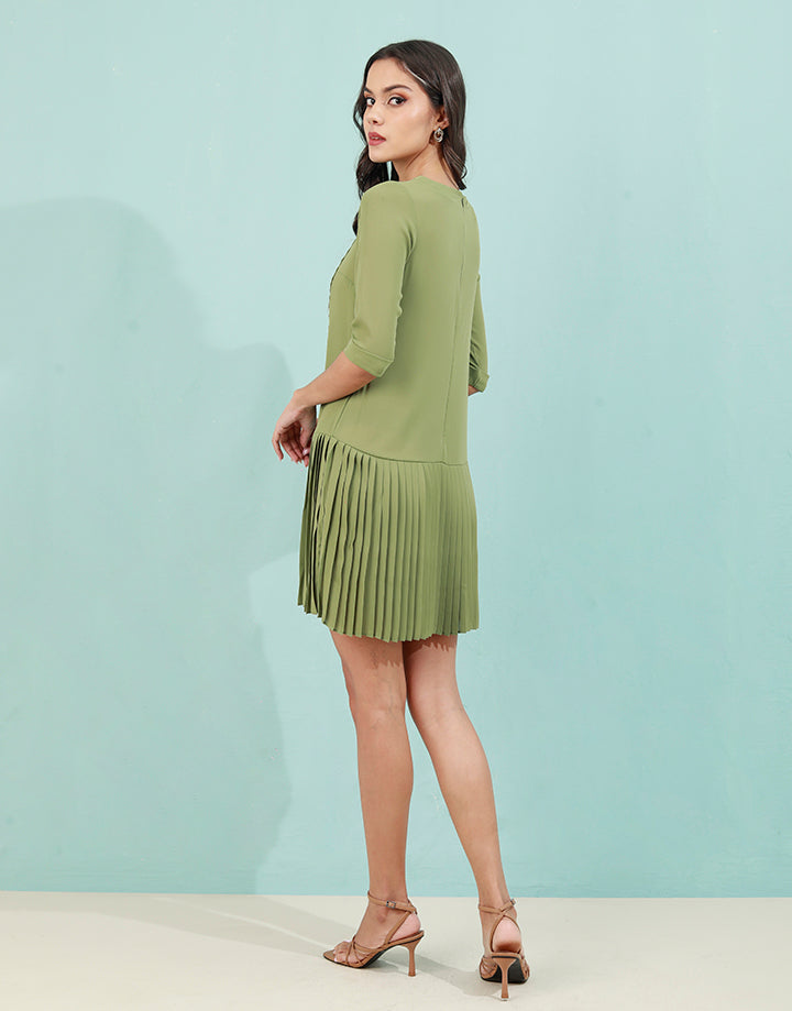 Pleated Drop Waist Dress with ¾ Sleeves