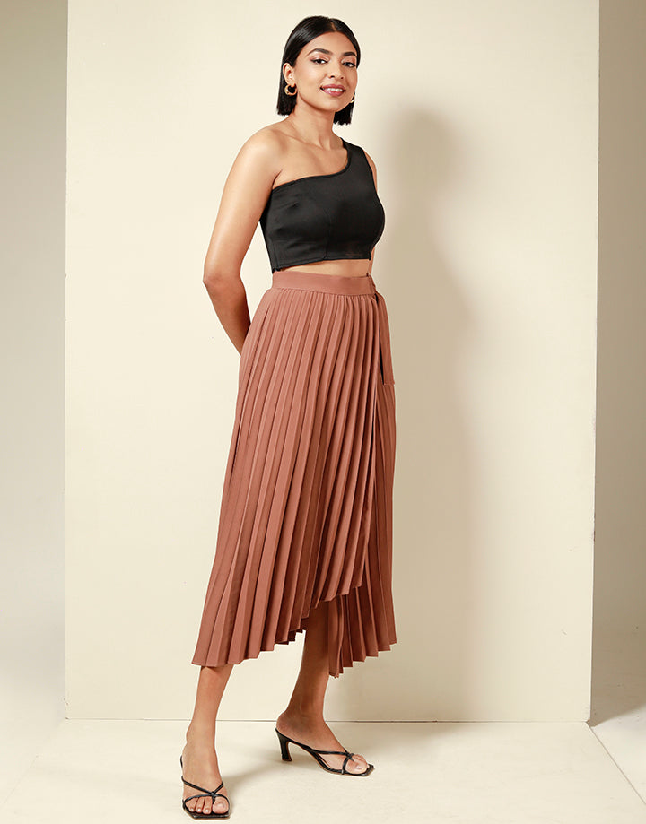 Pleated Wrap Skirt with Buckle Detail