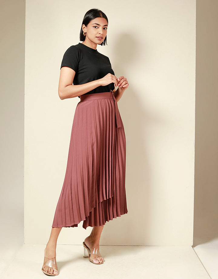 Pleated Wrap Skirt with Buckle Detail