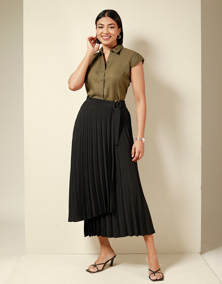 Pleated Wrap Skirt with Buckle Detail