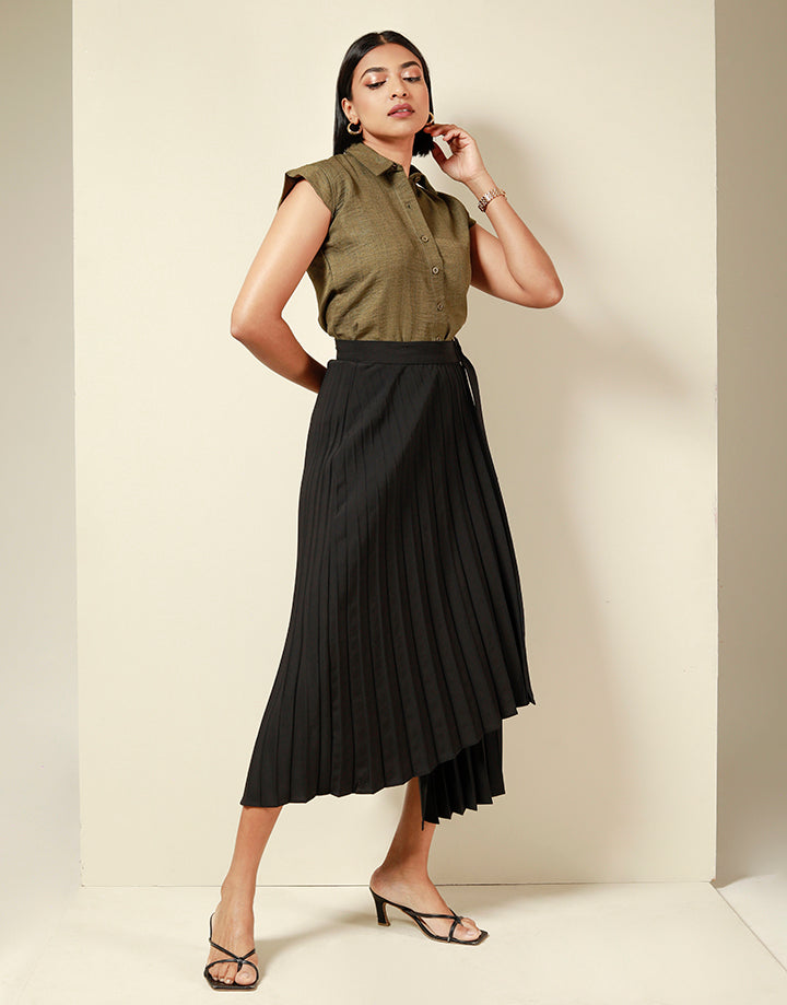 Pleated Wrap Skirt with Buckle Detail