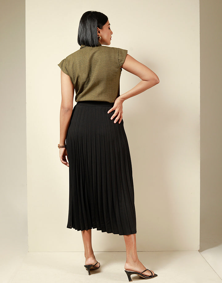 Pleated Wrap Skirt with Buckle Detail