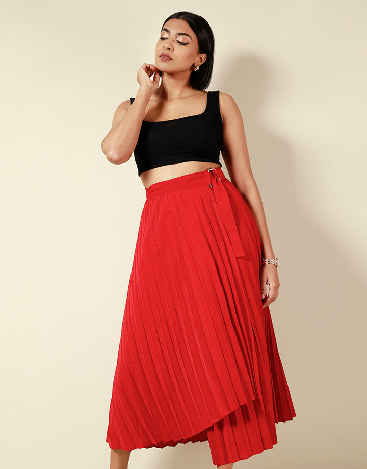 Pleated Wrap Skirt with Buckle Detail