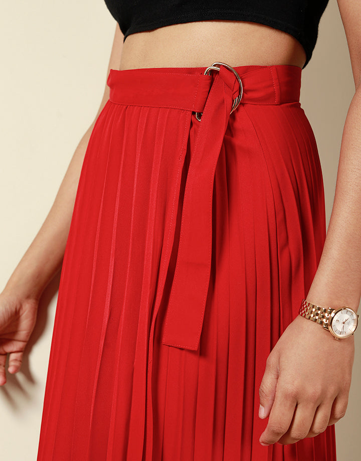 Pleated Wrap Skirt with Buckle Detail