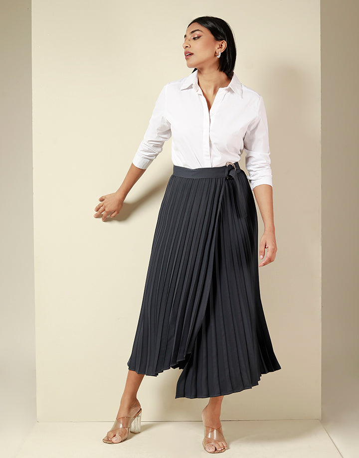 Pleated Wrap Skirt with Buckle Detail