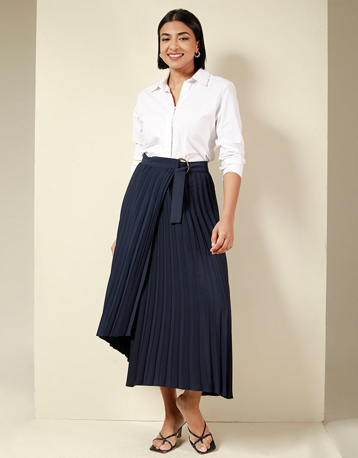 Pleated Wrap Skirt with Buckle Detail