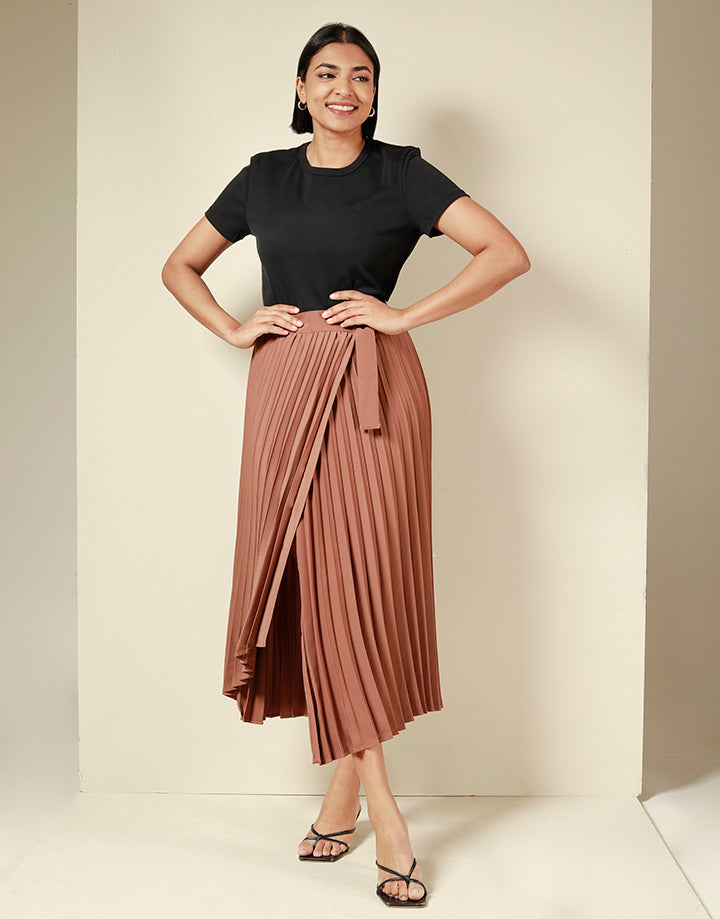 Pleated Wrap Skirt with Buckle Detail