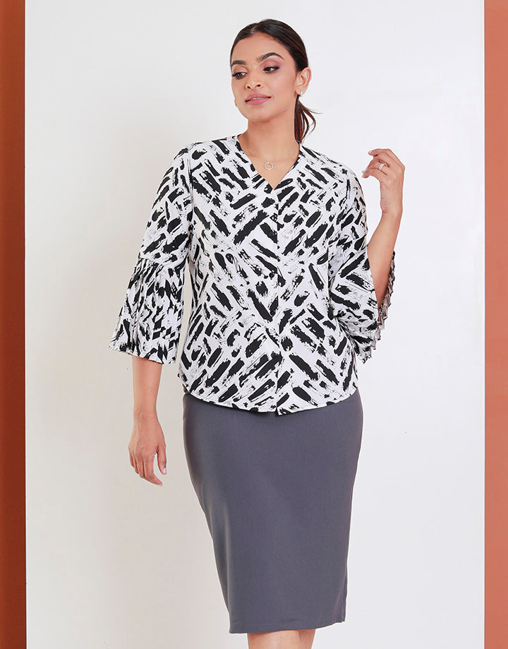 Print Blouse with Pleated Sleeves