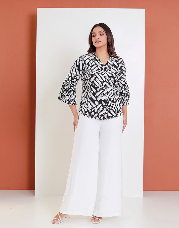 Print Blouse with Pleated Sleeves