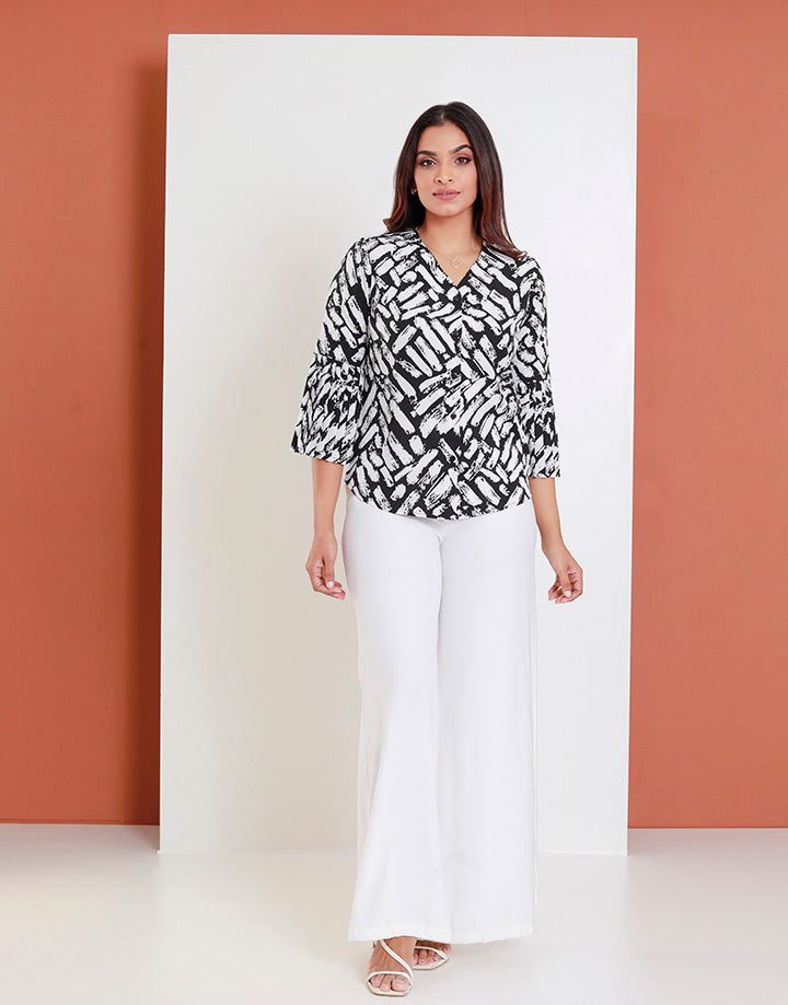 Print Blouse with Pleated Sleeves