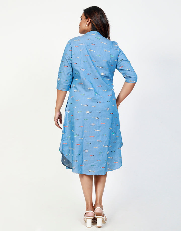 Printed A-Line Dress with Curved Hem