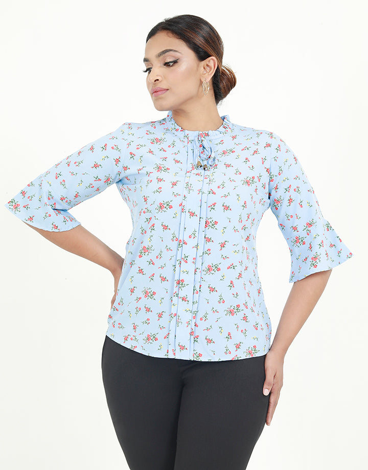 Printed Blouse with Flounce Sleeves