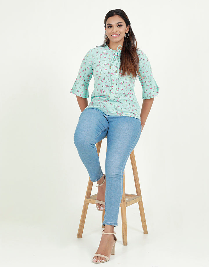 Printed Blouse with Flounce Sleeves
