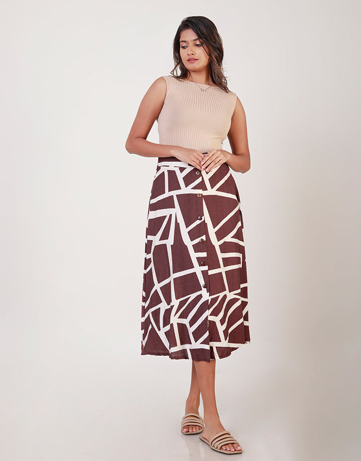 Printed Button Detailed Midi Skirt