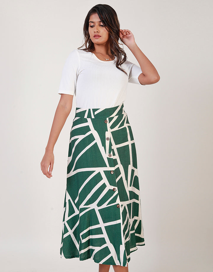 Printed Button Detailed Midi Skirt