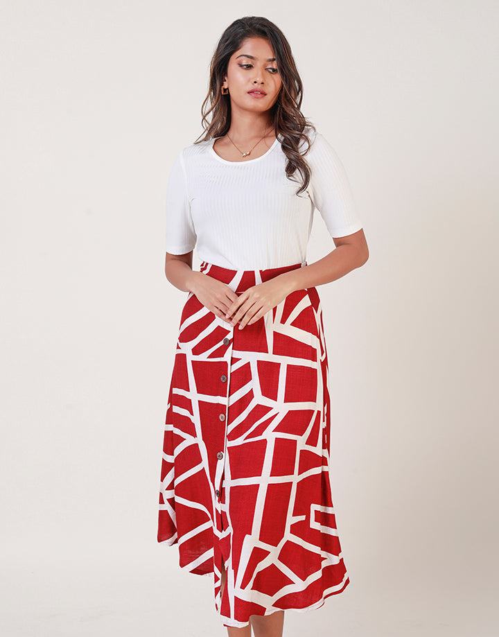 Printed Button Detailed Midi Skirt