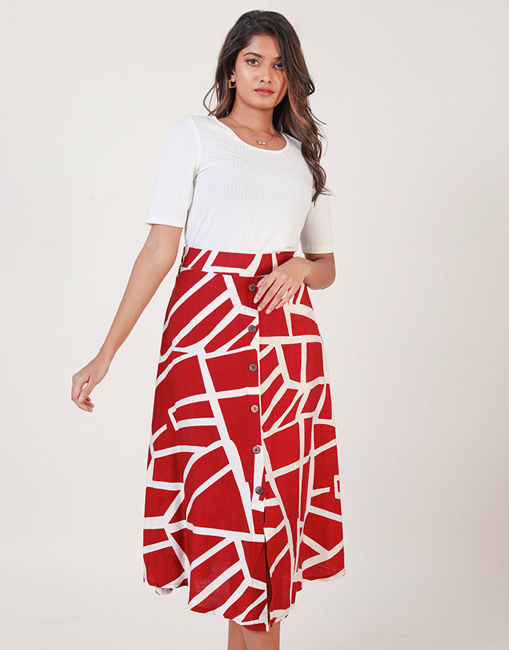 Printed Button Detailed Midi Skirt