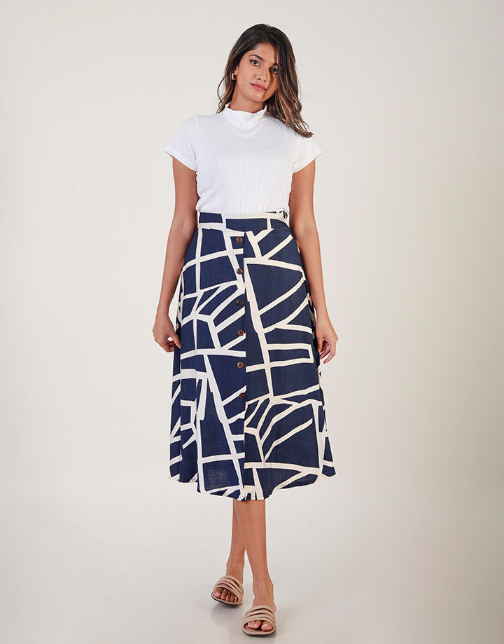 Printed Button Detailed Midi Skirt