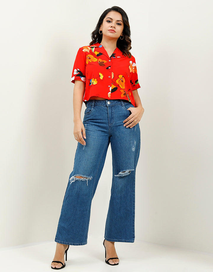 Printed Button Down Cropped Shirt