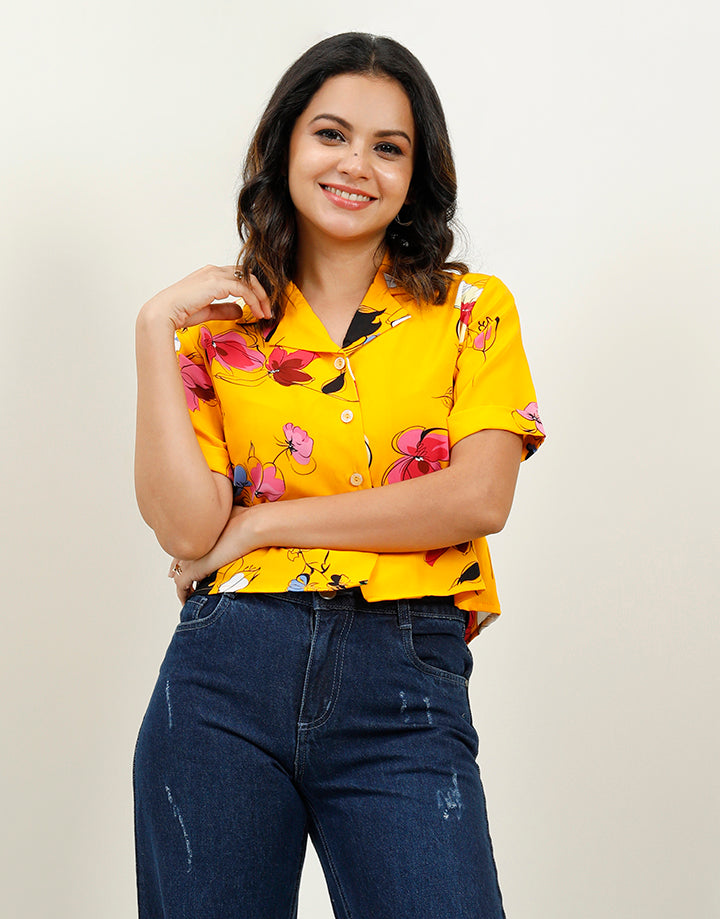 Printed Button Down Cropped Shirt