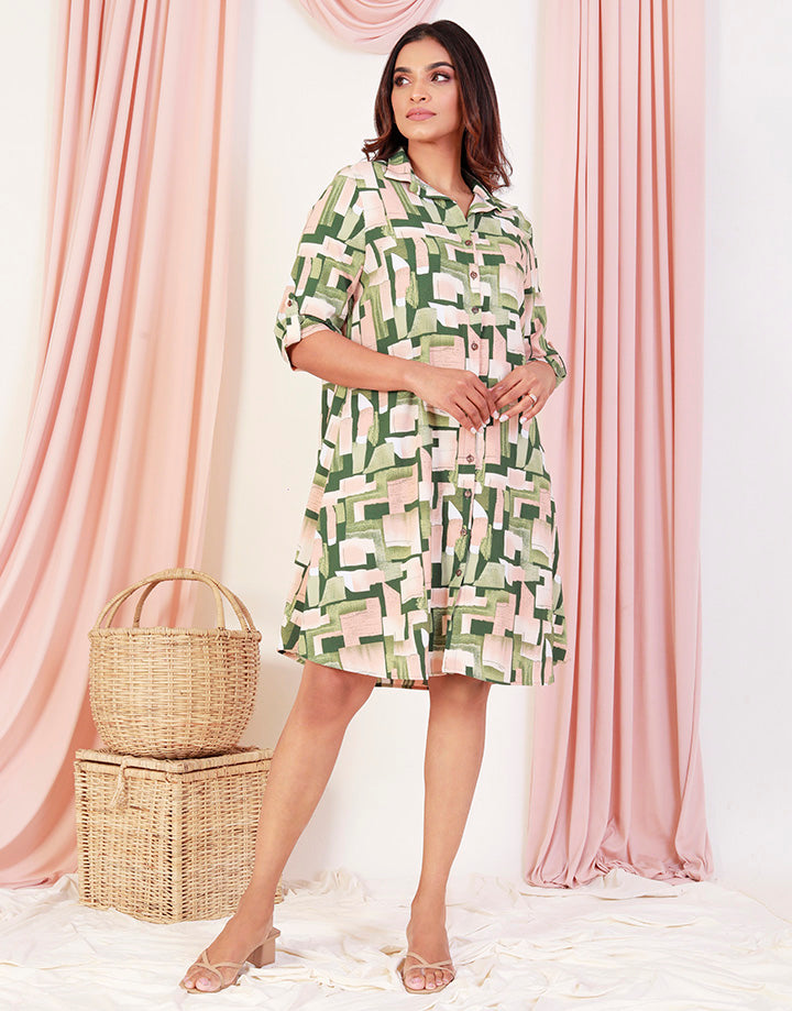 Printed Button Down Dress with Tab Sleeves