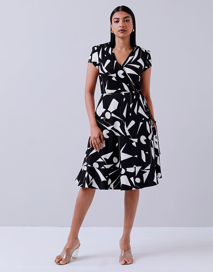 Printed Cap Sleeves Wrap Dress