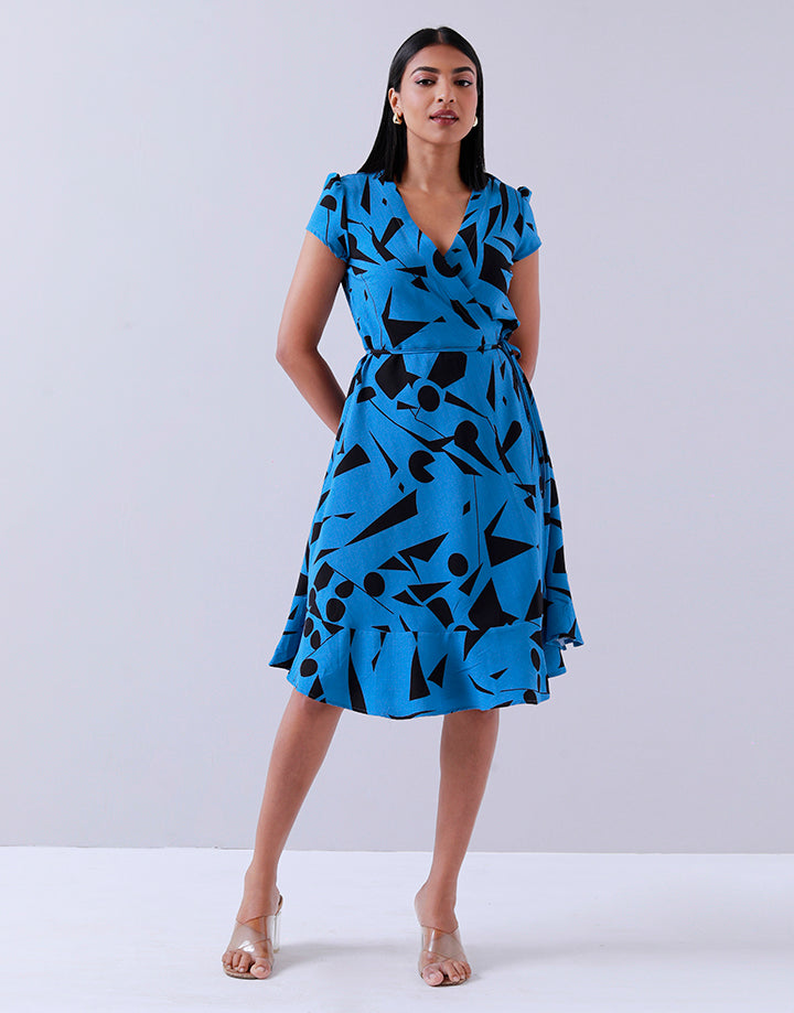 Printed Cap Sleeves Wrap Dress