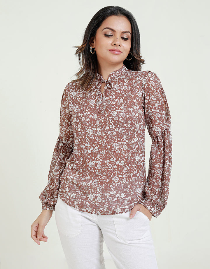 Printed Chinese Collar Blouse with Long Sleeves