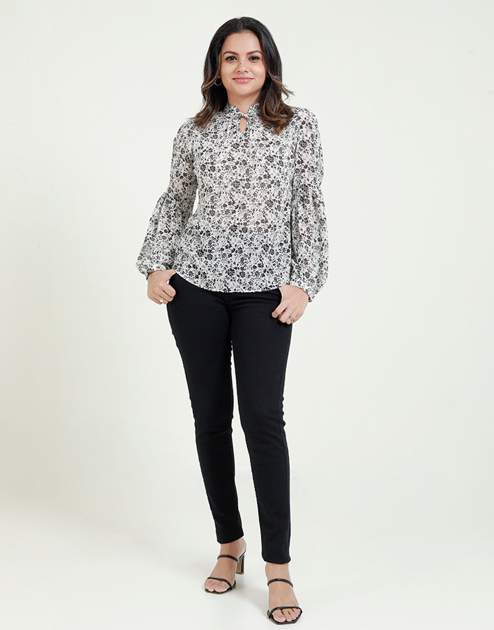 Printed Chinese Collar Blouse with Long Sleeves