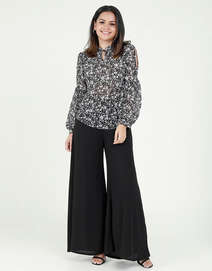 Printed Chinese Collar Blouse with Long Sleeves