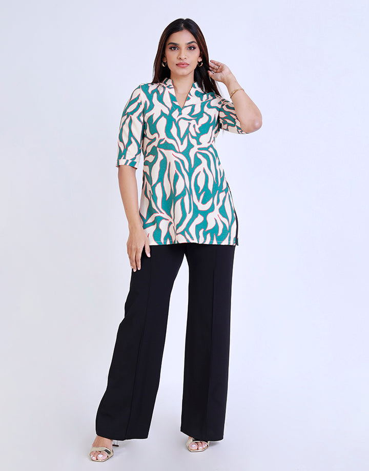 Printed Chinese Collar Kurtha with ¾ Sleeves