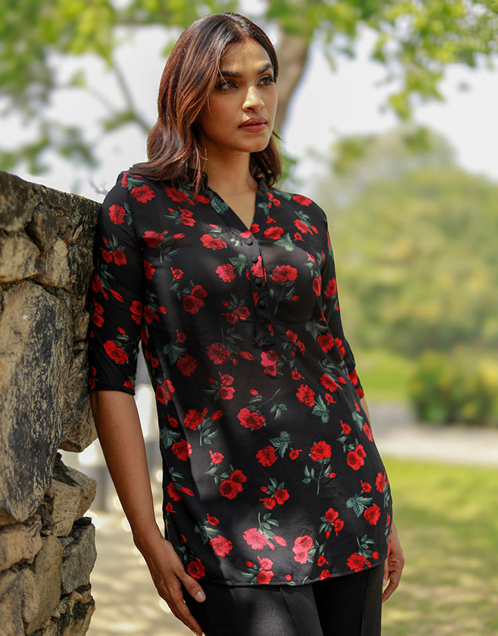 Printed Chinese Collar Kurtha with ¾ Sleeves