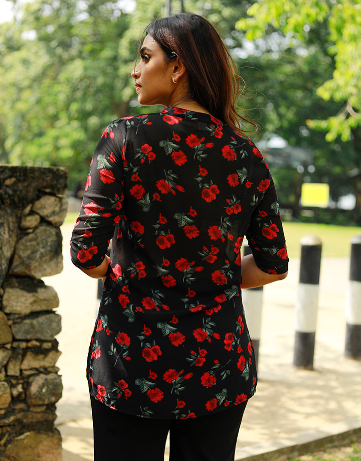 Printed Chinese Collar Kurtha with ¾ Sleeves