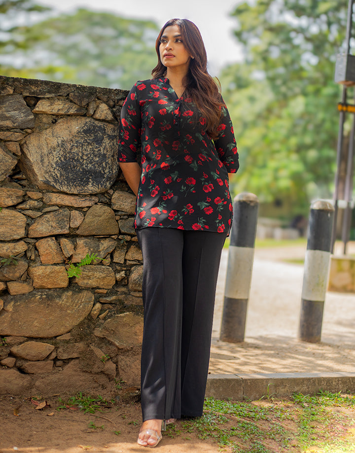 Printed Chinese Collar Kurtha with ¾ Sleeves