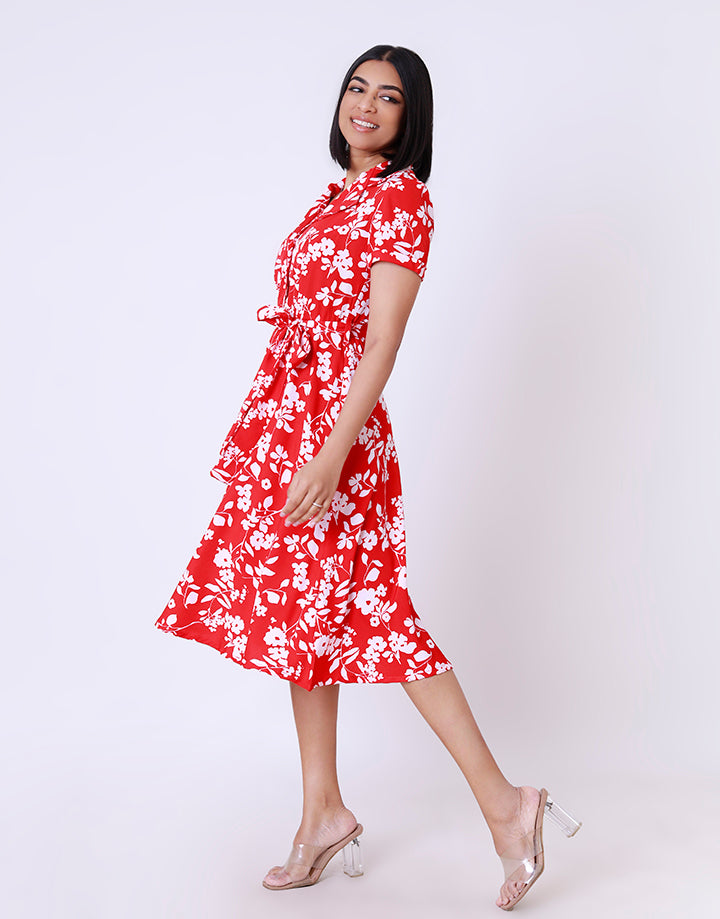 Printed Collared Shirt Dress with Belt