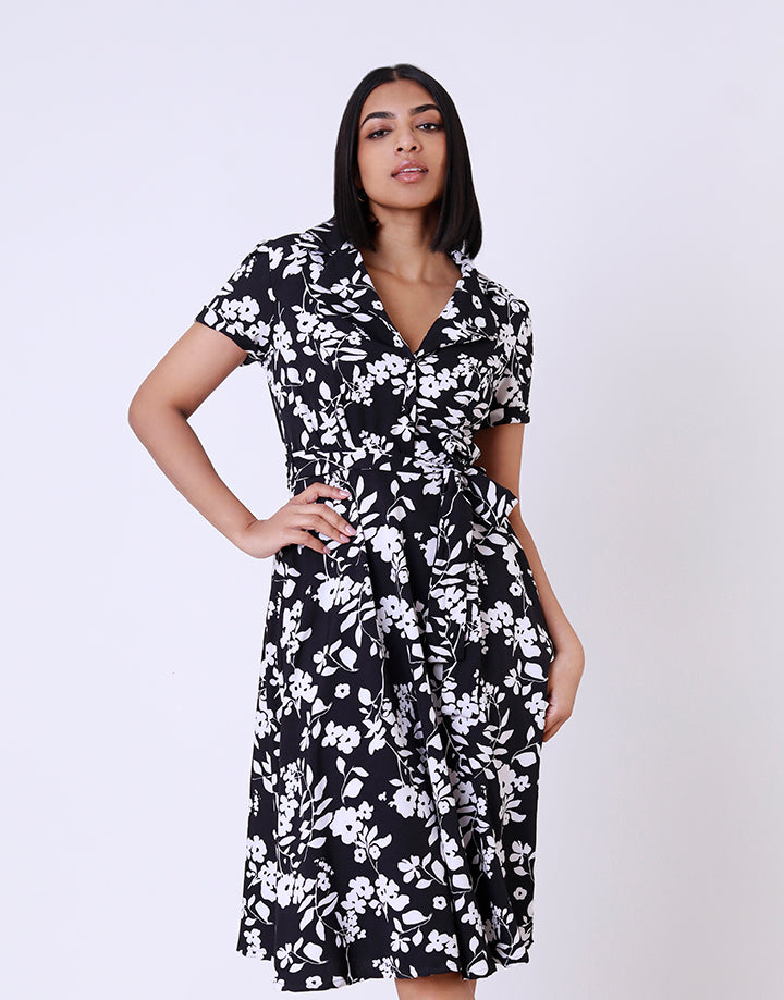 Printed Collared Shirt Dress with Belt