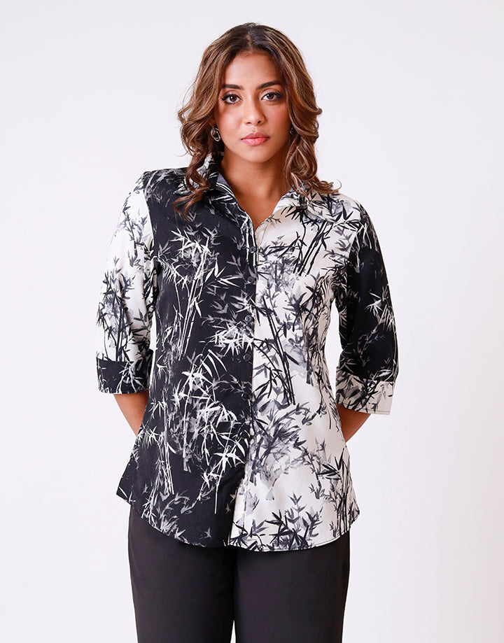 Printed Colour Block Blouse with Folded Sleeves