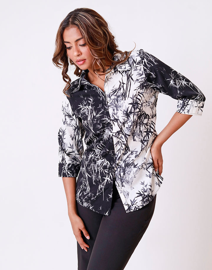 Printed Colour Block Blouse with Folded Sleeves