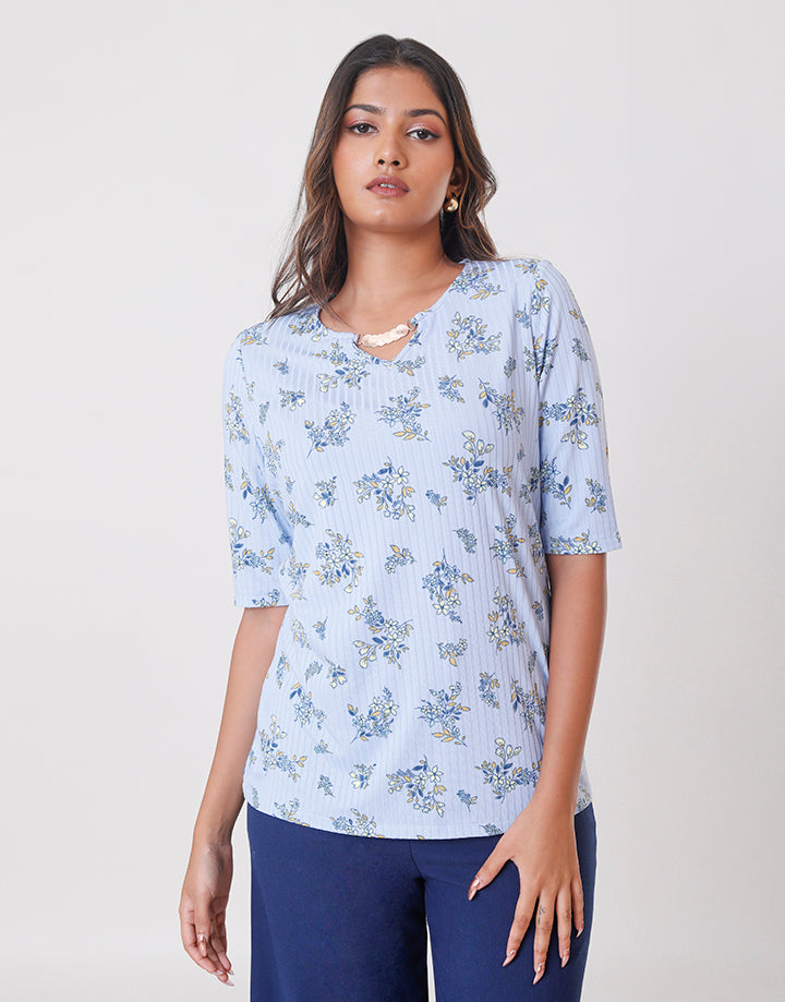 Printed Embellishment Neck Top with ¾ Sleeves