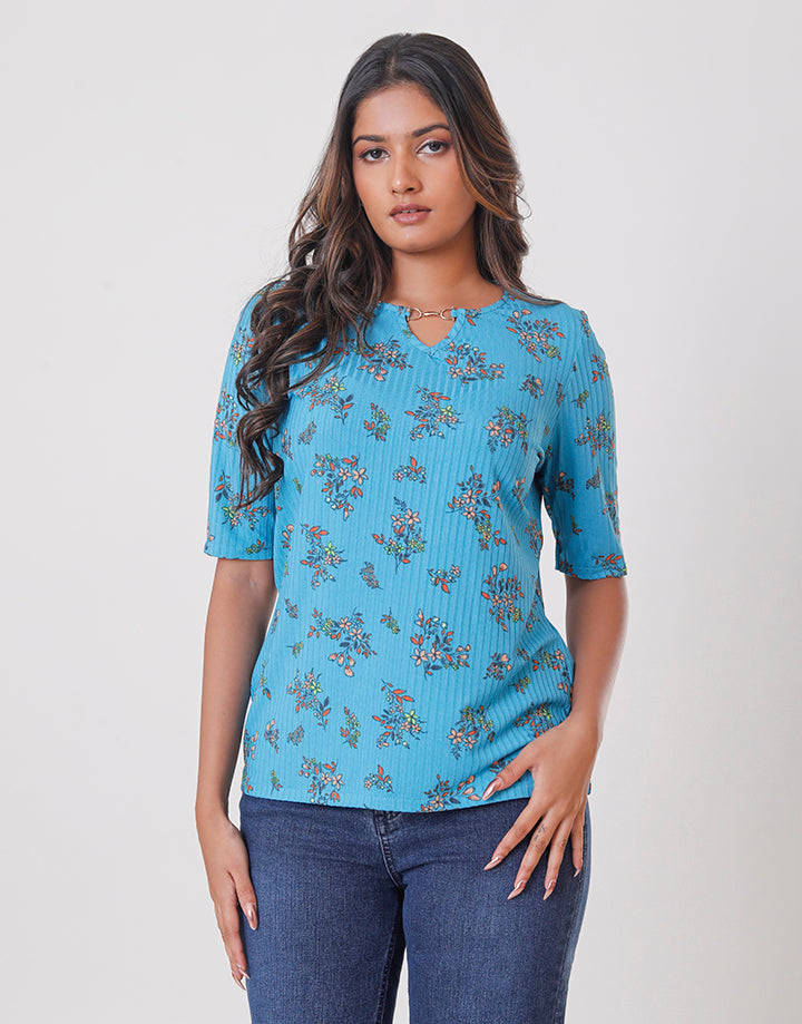 Printed Embellishment Neck Top with ¾ Sleeves