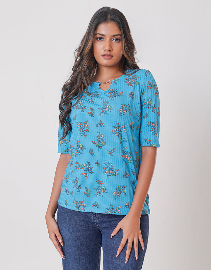 Printed Embellishment Neck Top with ¾ Sleeves