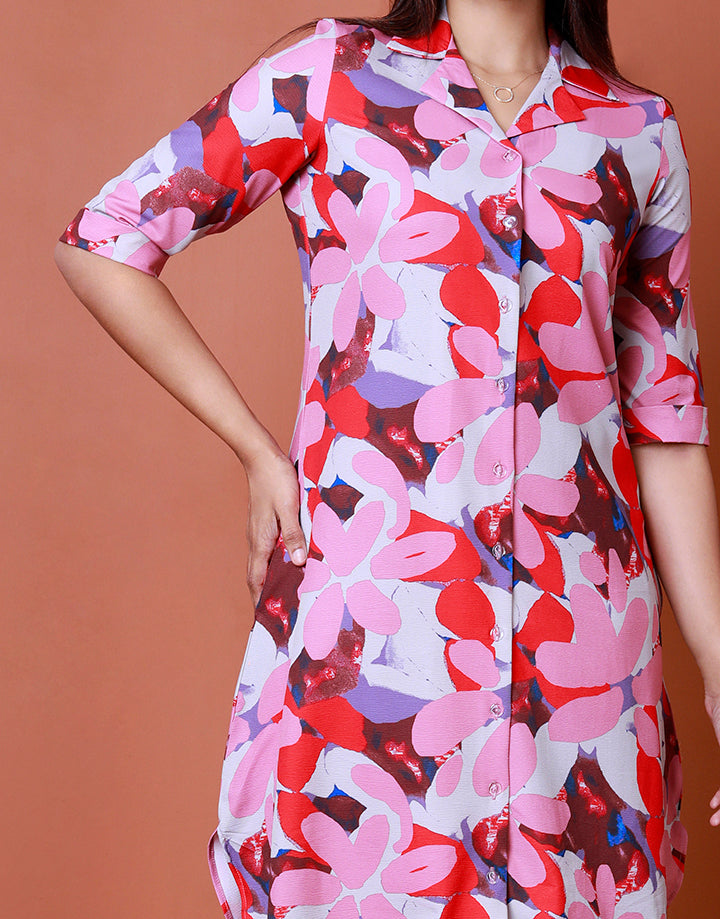 Printed Folder Sleeve Dress with Buttons