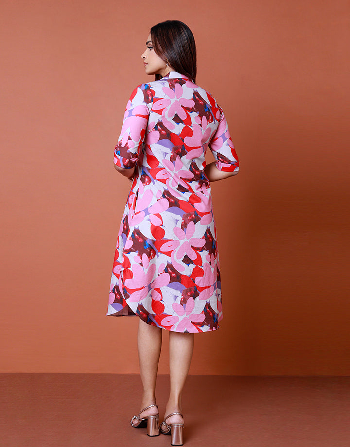 Printed Folder Sleeve Dress with Buttons