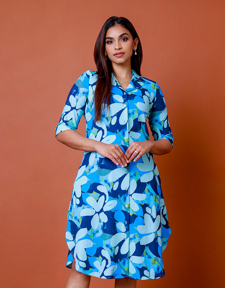 Printed Folder Sleeve Dress with Buttons