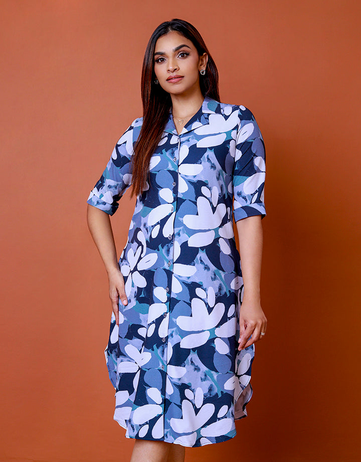 Printed Folder Sleeve Dress with Buttons