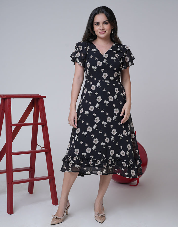 Printed Frill Sleeves Dress with Ruffles